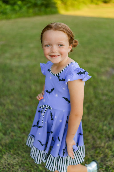 Batty Purple Knit Bat Print Swing Dress with Black and White Stripe Ruffle