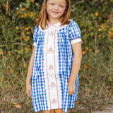 Thankful Navy Gingham A-Line Dress with Turkey Embroidery