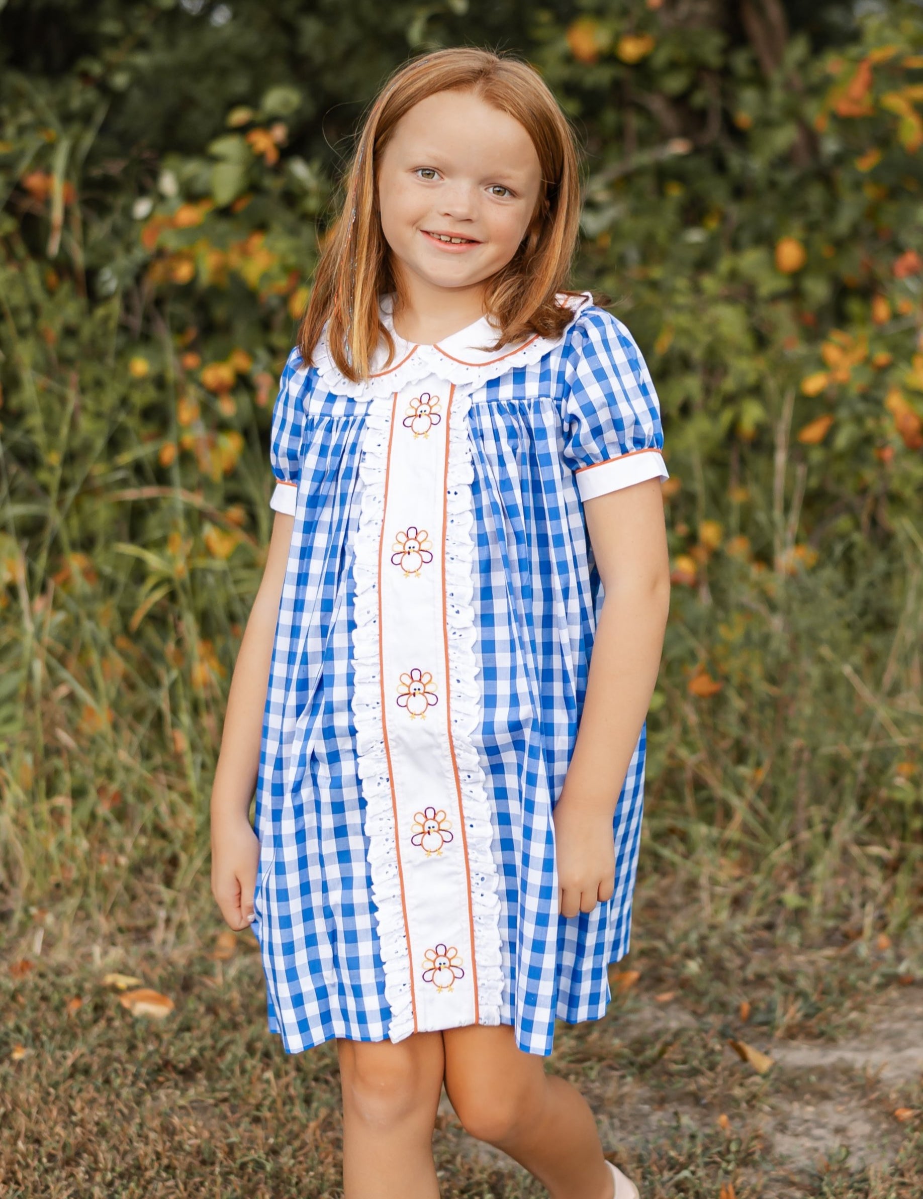 Thankful Navy Gingham A-Line Dress with Turkey Embroidery