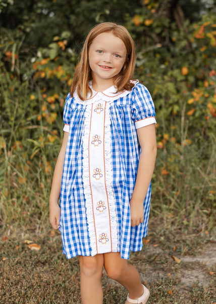 Thankful Navy Gingham A-Line Dress with Turkey Embroidery