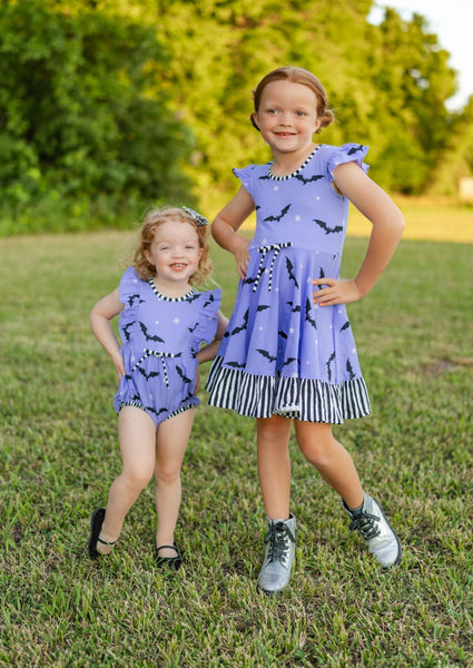 Batty Purple Knit Bat Print Swing Dress with Black and White Stripe Ruffle