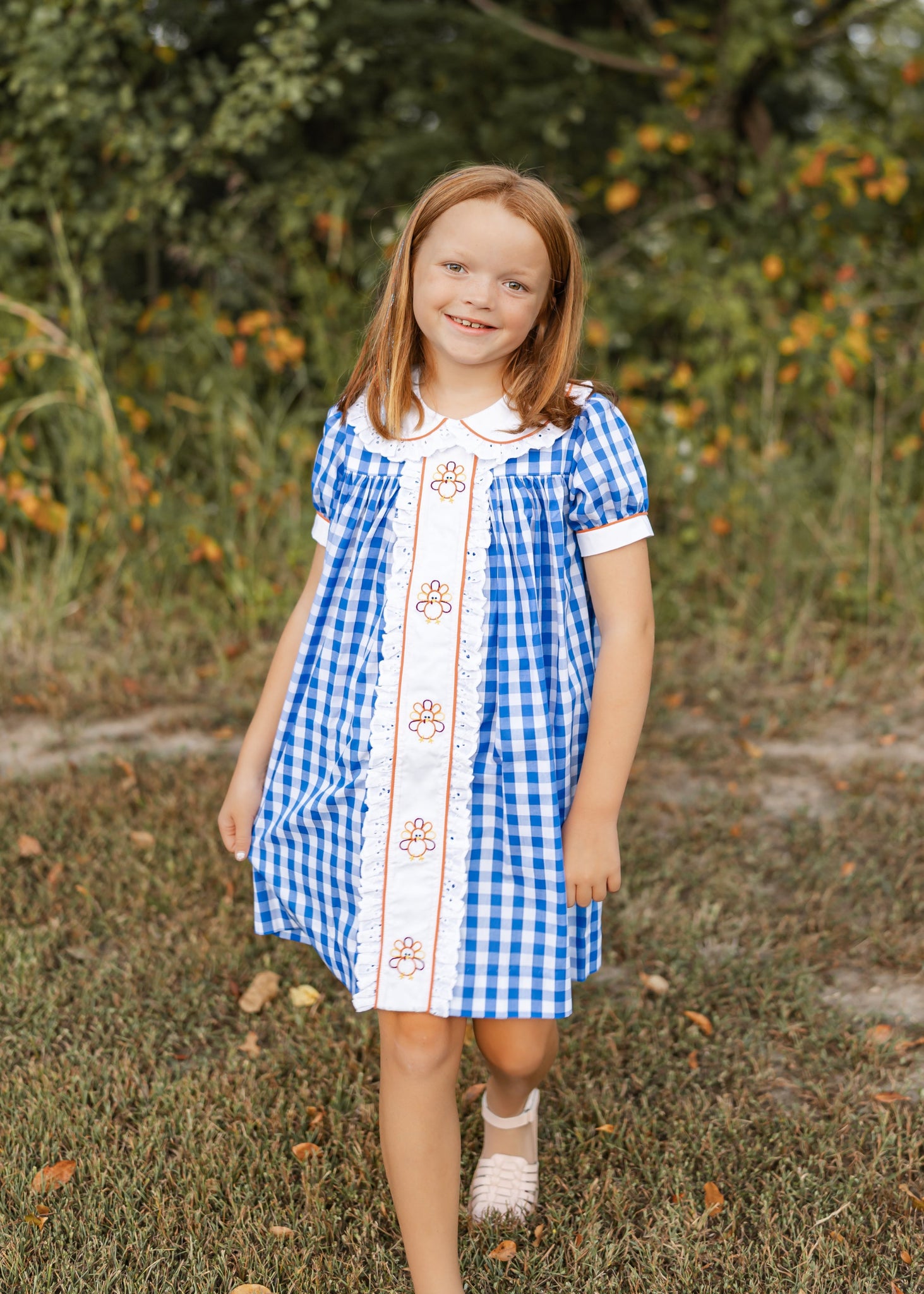 Thankful Navy Gingham A-Line Dress with Turkey Embroidery