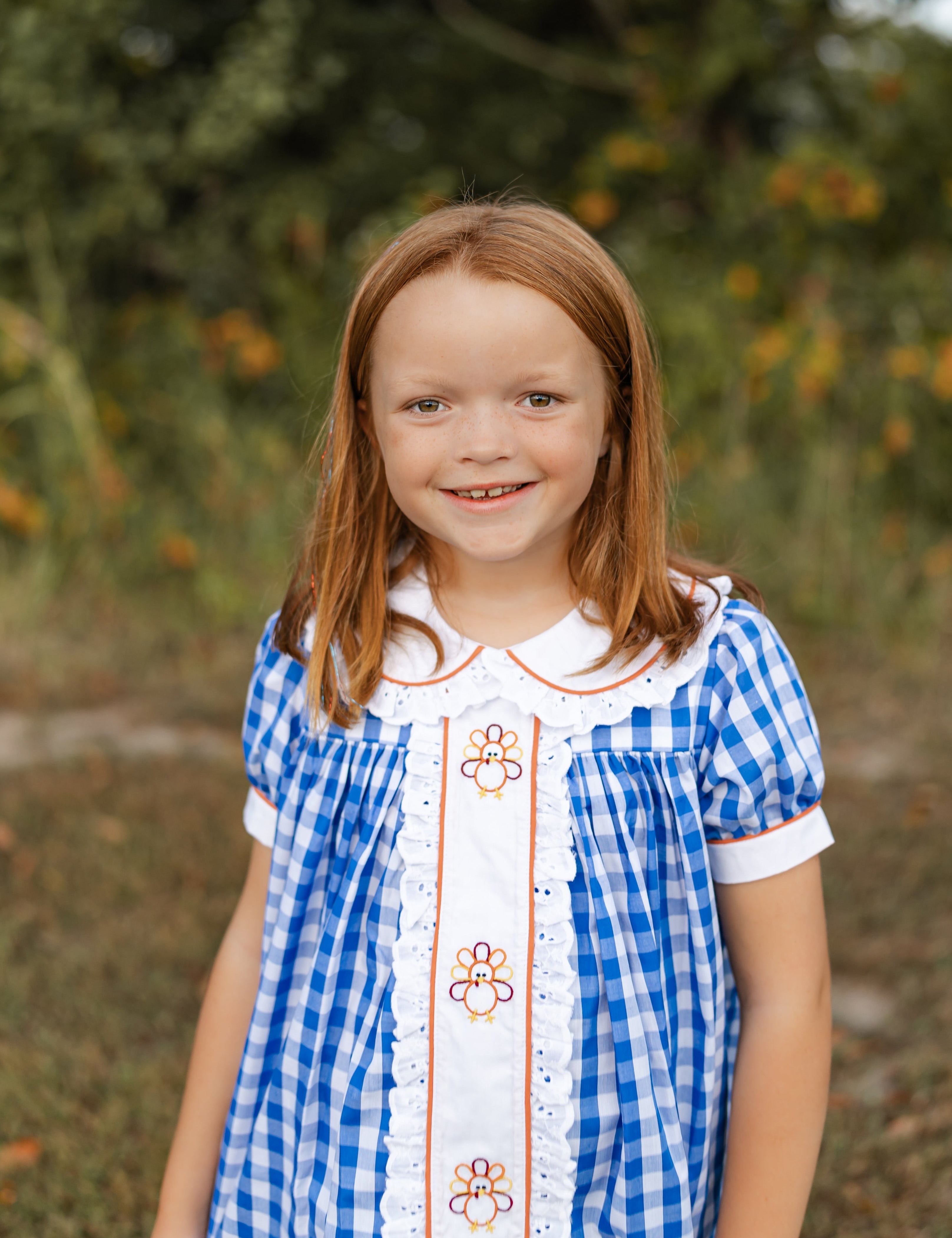 Thankful Navy Gingham A-Line Dress with Turkey Embroidery
