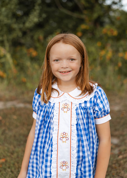 Thankful Navy Gingham A-Line Dress with Turkey Embroidery