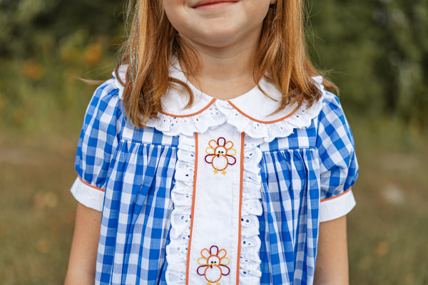 Thankful Navy Gingham A-Line Dress with Turkey Embroidery