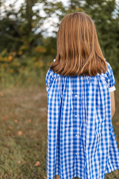 Thankful Navy Gingham A-Line Dress with Turkey Embroidery