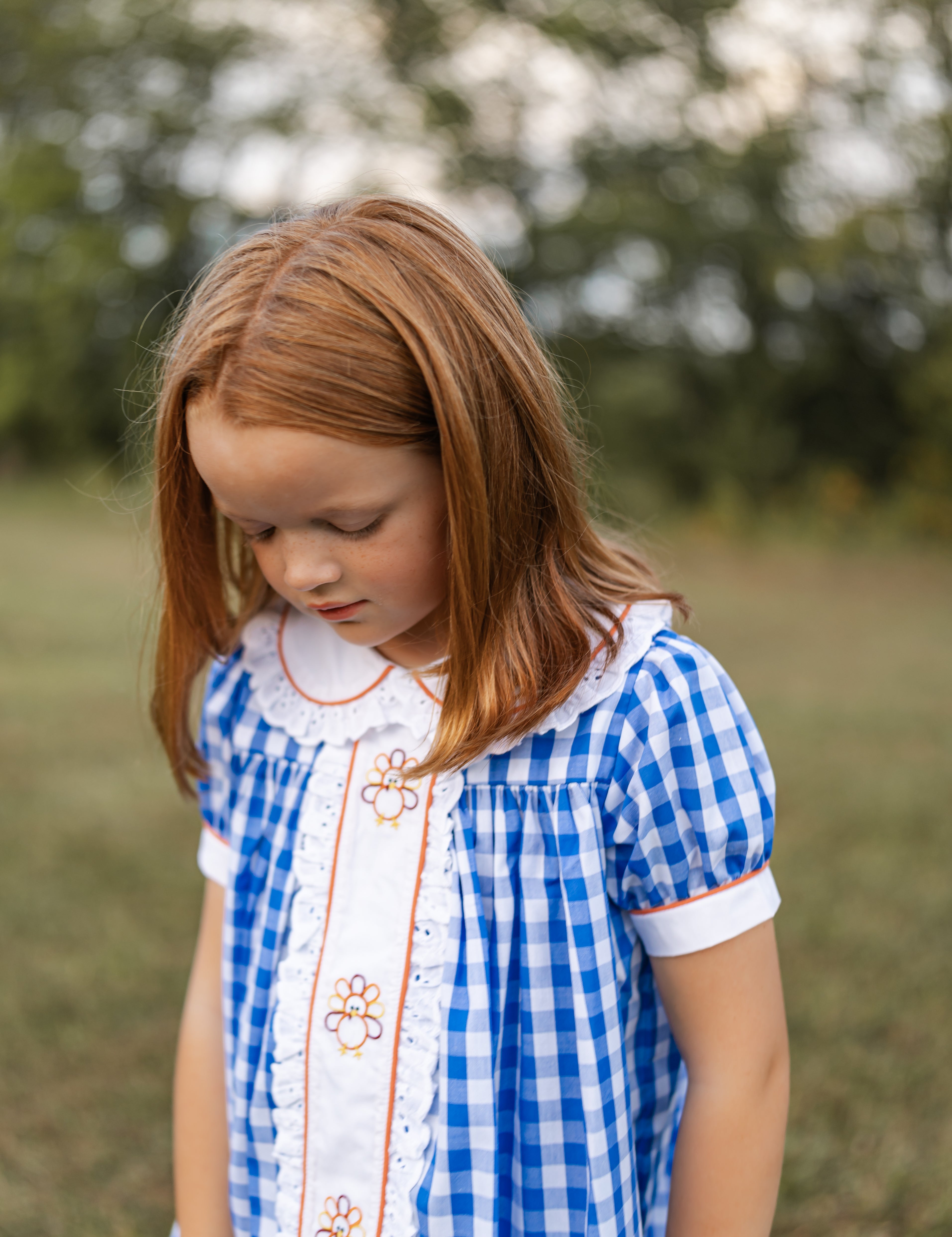 Thankful Navy Gingham A-Line Dress with Turkey Embroidery