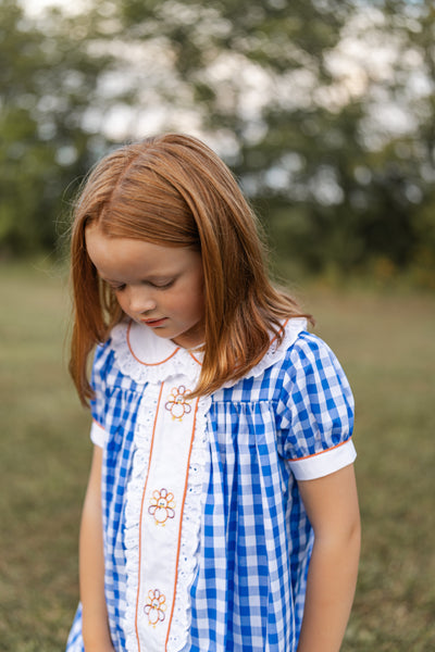 Thankful Navy Gingham A-Line Dress with Turkey Embroidery