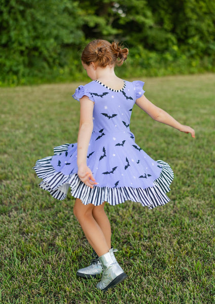 Batty Purple Knit Bat Print Swing Dress with Black and White Stripe Ruffle