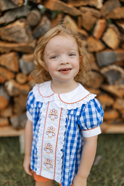 Thankful Navy Gingham A-Line Dress and Bloomer Set with Turkey Embroidery