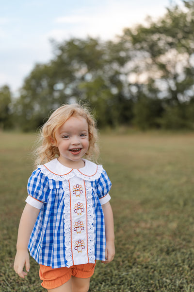 Thankful Navy Gingham A-Line Dress and Bloomer Set with Turkey Embroidery