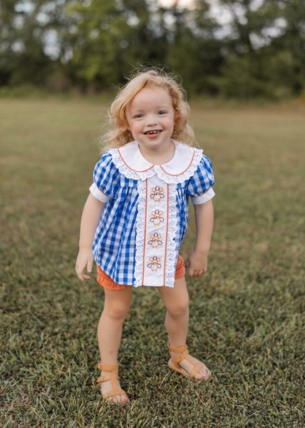 Thankful Navy Gingham A-Line Dress and Bloomer Set with Turkey Embroidery