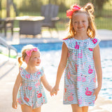 Pool Party Floatie Print Ruffle Neck Knit Dress with Pockets