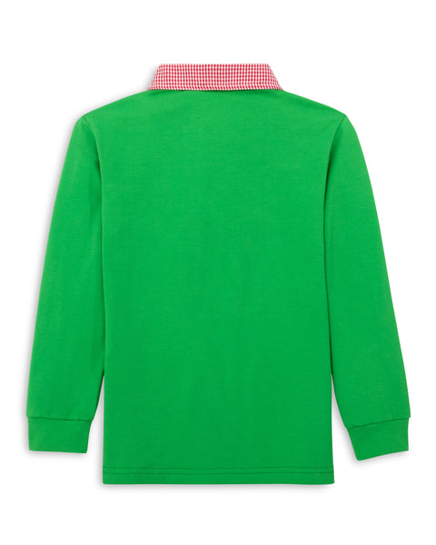 Deck the Halls Kelly Green Boys' Knit Collared Shirt with Christmas Tree Embroidered Pocket