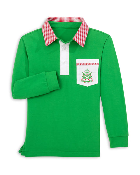 Deck the Halls Kelly Green Boys' Knit Collared Shirt with Christmas Tree Embroidered Pocket