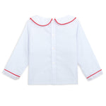 White shirt with red trim on a white background