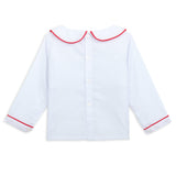 White shirt with red trim on a white background