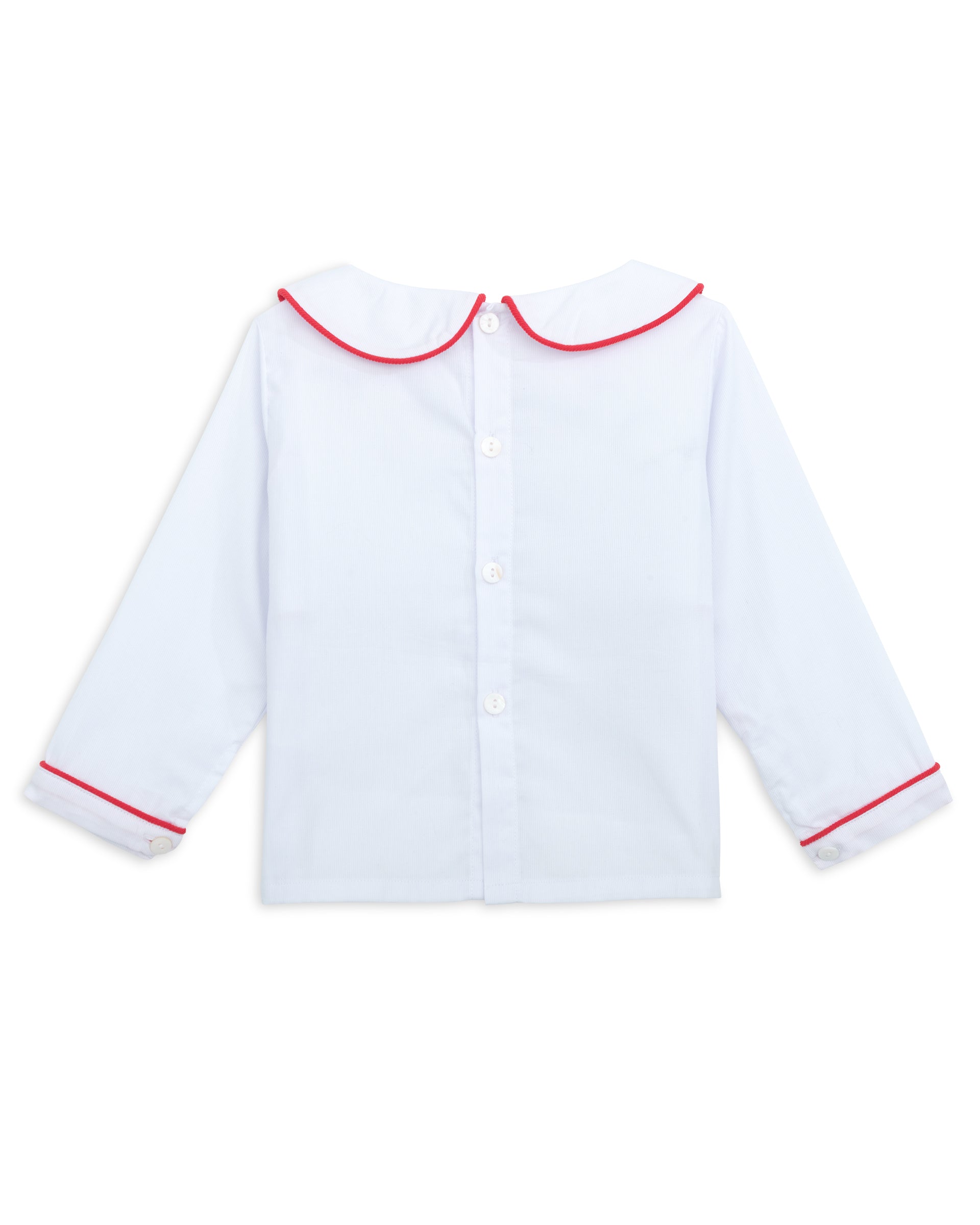 White shirt with red trim on a white background