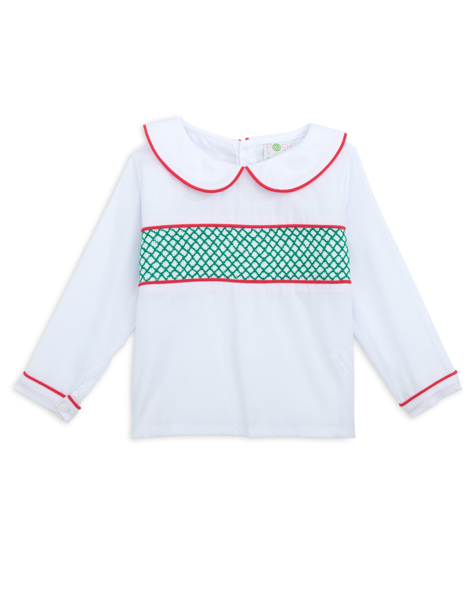 White blouse with red trim and green pattern on a white background