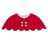 Red scalloped collar with white buttons on a white background