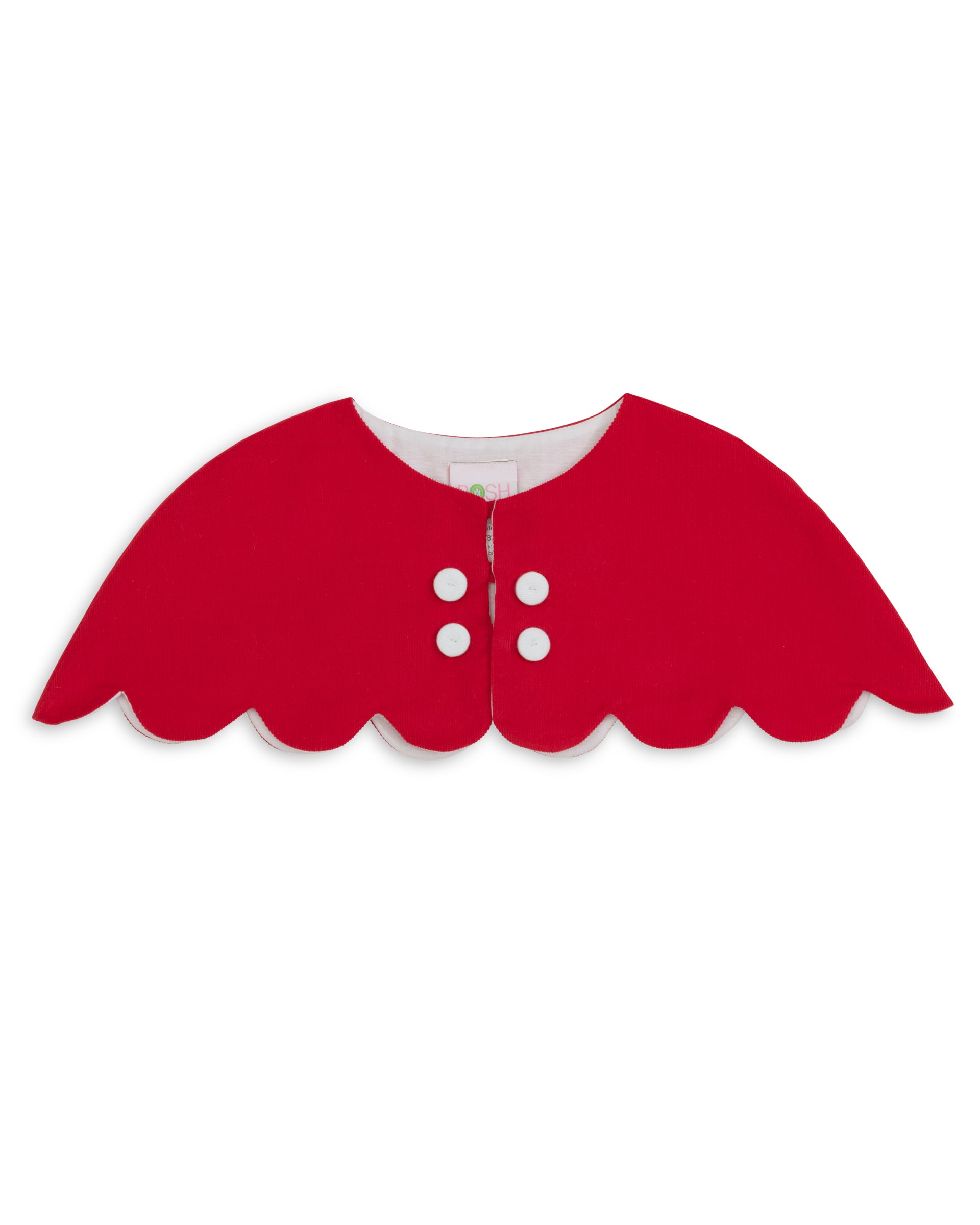 Red scalloped collar with white buttons on a white background