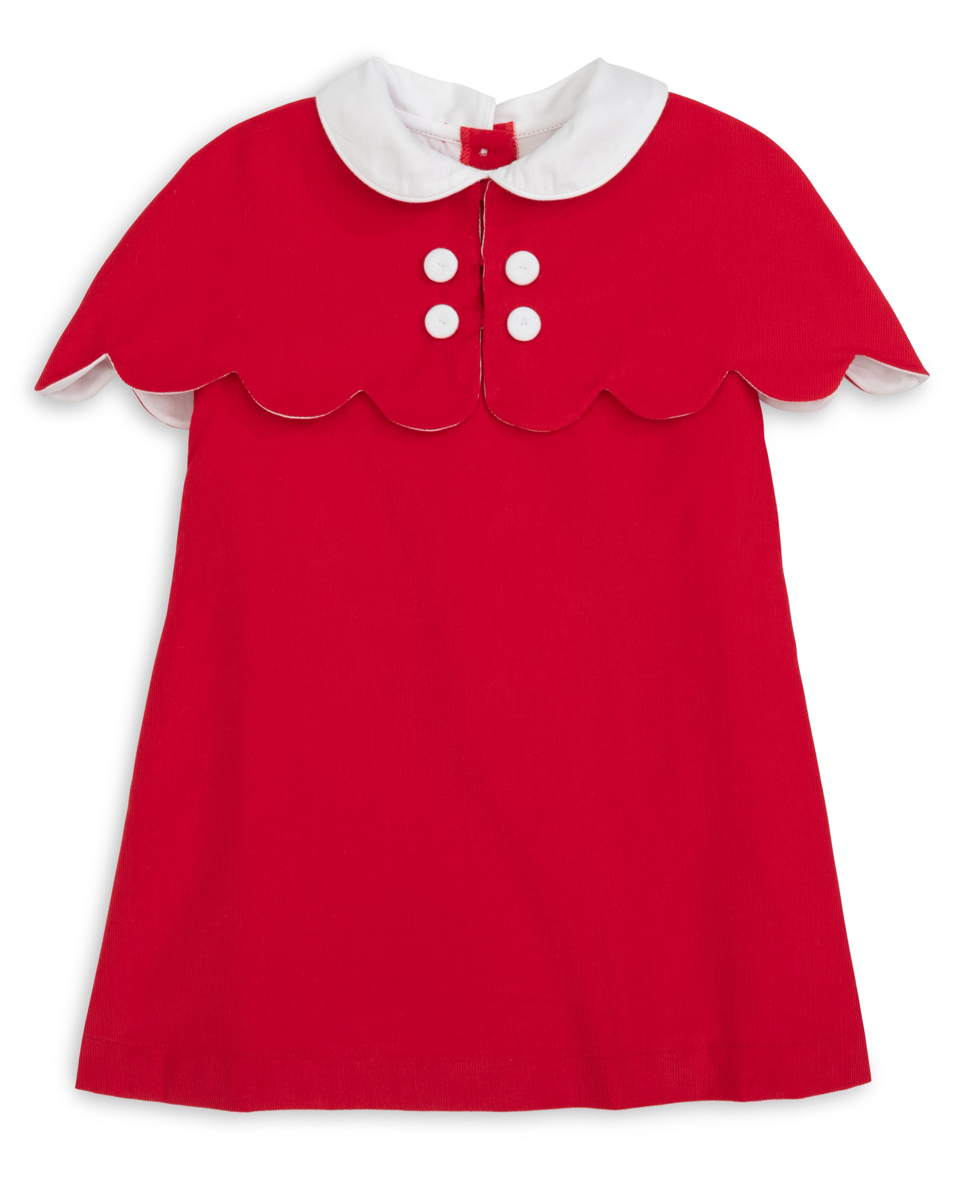 Red dress with white collar and buttons on a white background