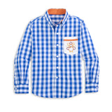 Thankful Navy Gingham Button Down Shirt with Turkey Embroidered Pocket