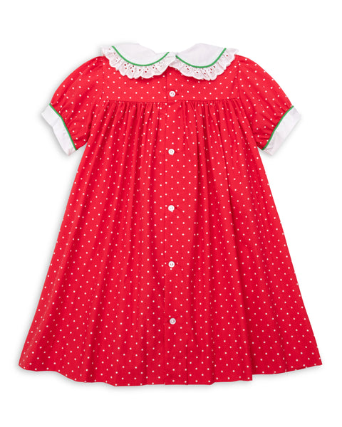 Deck the Halls Red Polka Dot A-Line Dress with Christmas Tree and Bows Embroidery