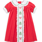 Deck the Halls Red Polka Dot A-Line Dress with Christmas Tree and Bows Embroidery