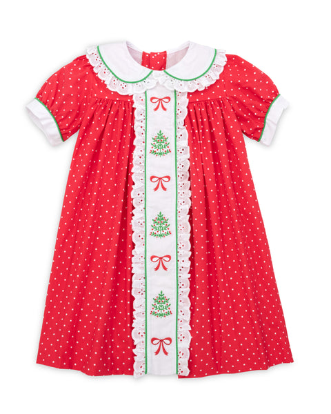 Deck the Halls Red Polka Dot A-Line Dress with Christmas Tree and Bows Embroidery