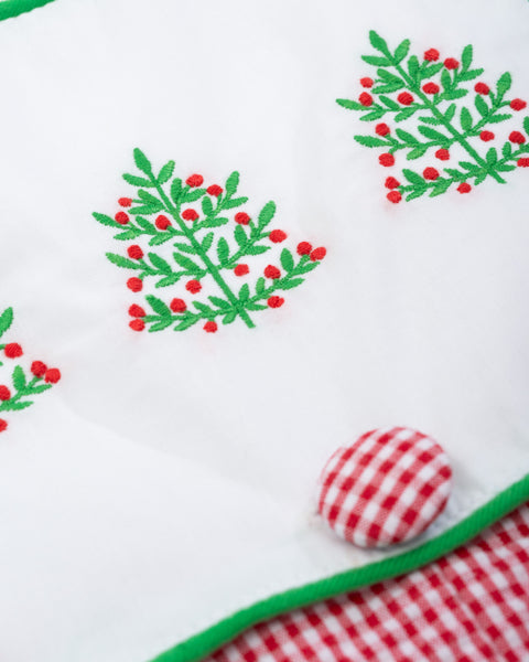 Deck the Halls Red Micro Check Jonjon with Christmas Tree Embroidered Bib