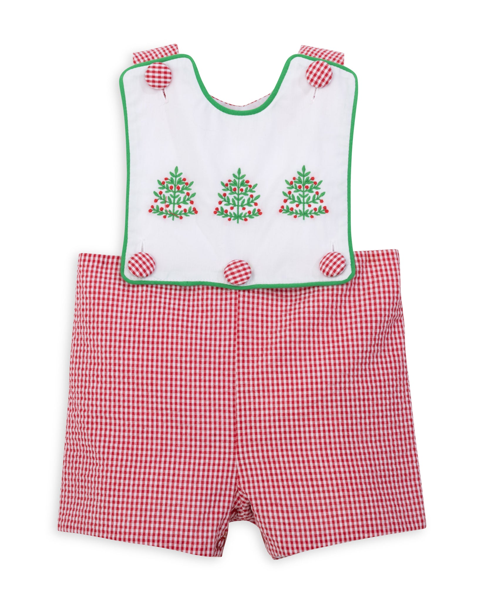 Deck the Halls Red Micro Check Jonjon with Christmas Tree Embroidered Bib