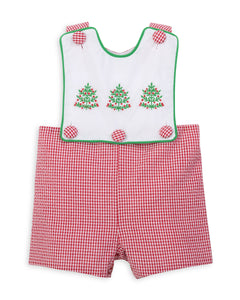 Deck the Halls Red Micro Check Jonjon with Christmas Tree Embroidered Bib