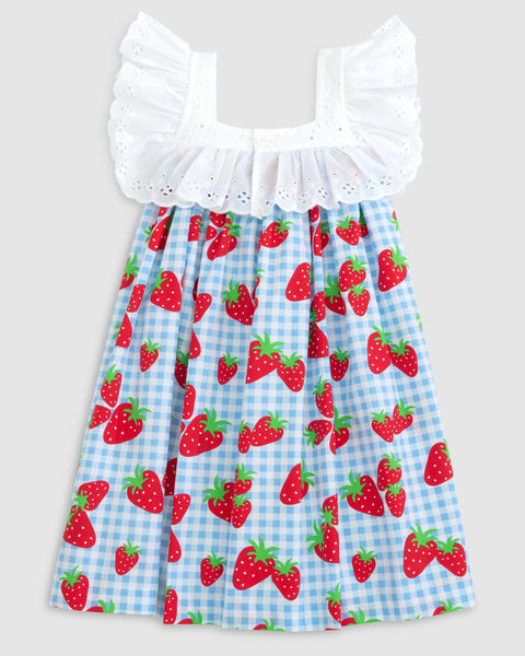 Gingham Berry Print Dress with Eyelet Ruffle