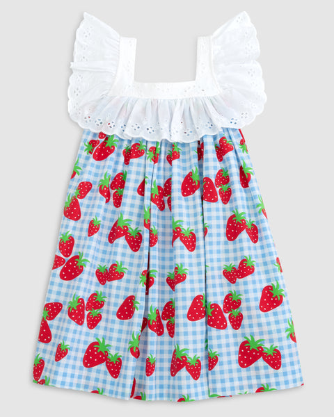 Gingham Berry Print Dress with Eyelet Ruffle