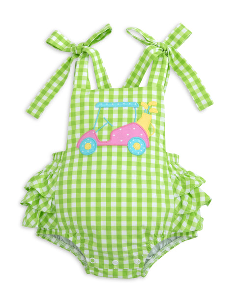 Fore! Girls' Tie Shoulder Gingham Bubble with Golf Cart Applique