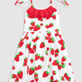 Knit Strawberry Print Tie Shoulder Dress