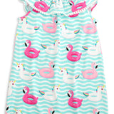 Pool Party Floatie Print Ruffle Neck Knit Dress with Pockets