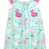Pool Party Floatie Print Ruffle Neck Knit Dress with Pockets