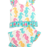 Seahorse Print Ruffle Two Piece Swim Suit Set