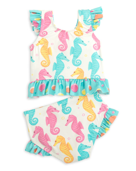 Seahorse Print Ruffle Two Piece Swim Suit Set