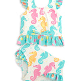Seahorse Print Ruffle Two Piece Swim Suit Set