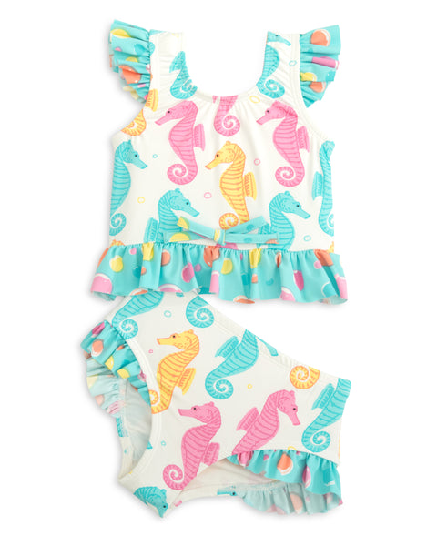 Seahorse Print Ruffle Two Piece Swim Suit Set