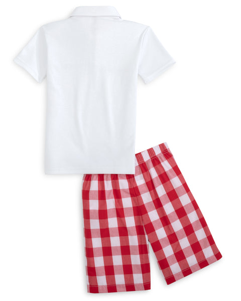 Scribble Boys' White Knit Crayon Embroidery Polo & Red Gingham Shorts Set