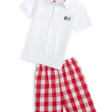 Scribble Boys' White Knit Crayon Embroidery Polo & Red Gingham Shorts Set