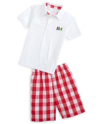 Scribble Boys' White Knit Crayon Embroidery Polo & Red Gingham Shorts Set - LIMITED PREORDER