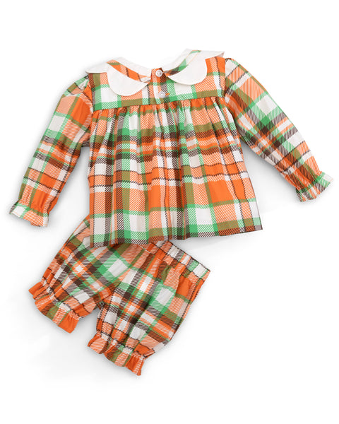 Autumn Plaid Scalloped Bishop Collar Dress & Bloomer Set