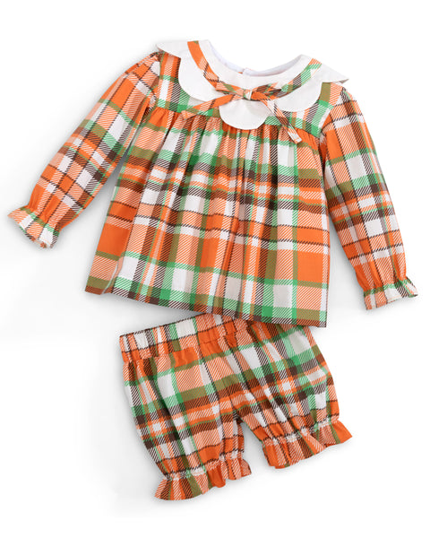 Autumn Plaid Scalloped Bishop Collar Dress & Bloomer Set