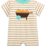 Pumpkin Harvest Boys' Tan Stripe Knit Romper with Pumpkin Wheelbarrow Applique