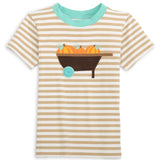 Pumpkin Harvest Boys' Tan Stripe Knit Shirt with Pumpkin Wheelbarrow Applique